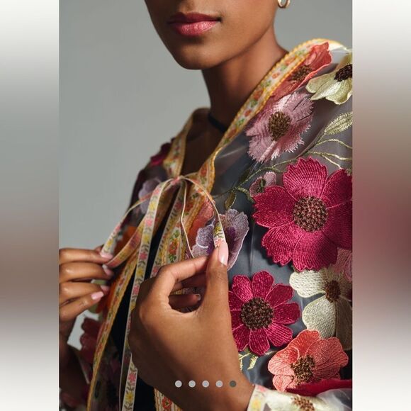 New Anthropologie Self Contrast Floral Appliqué Duster One Size - Picture 3 of 11